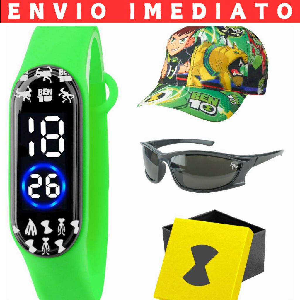 Kit Relógio Infantil Digital Menino Ben 10 + Boné + Óculos Proteção UV + Caixa Presente Kit Completo