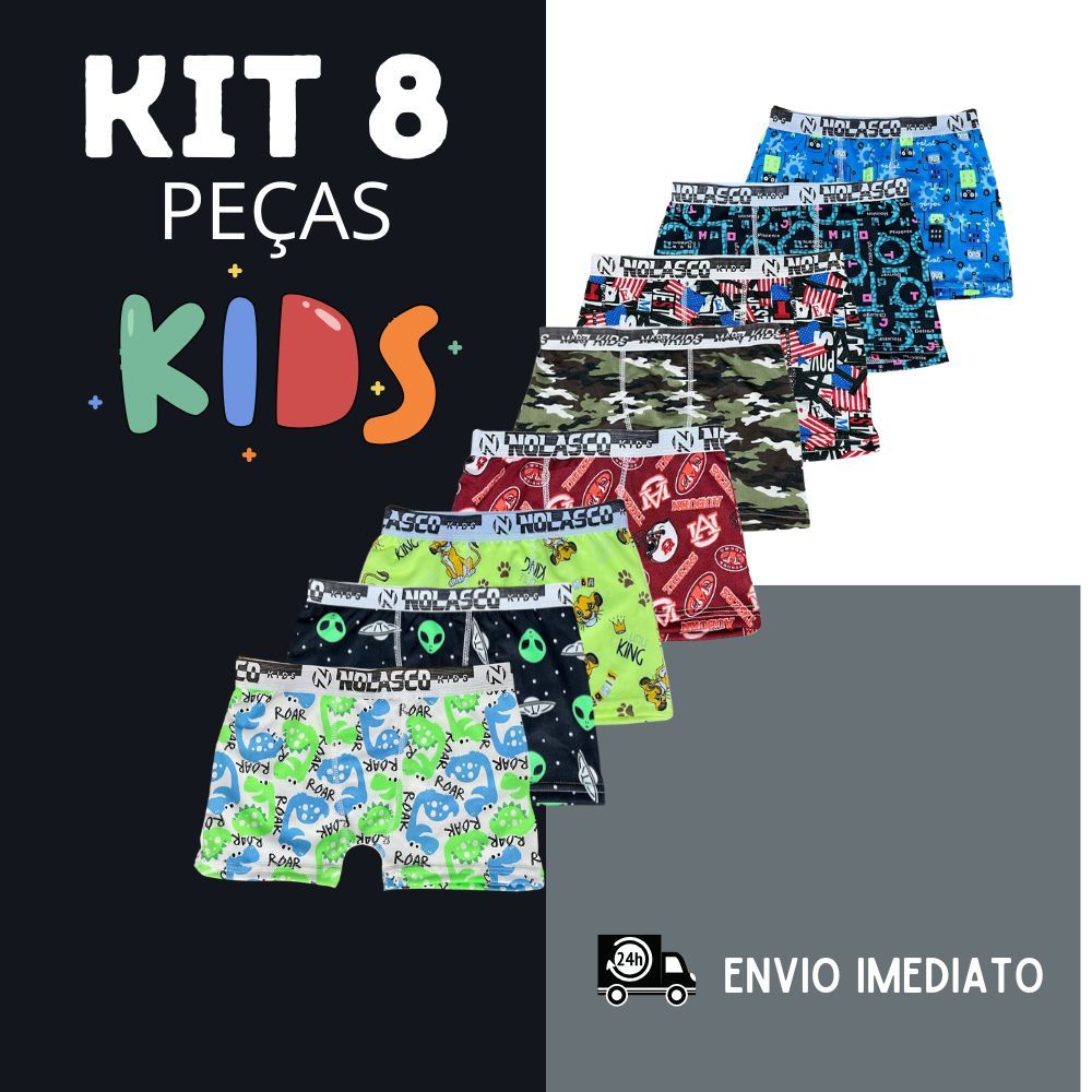 Cueca Box Boxer Infantil kit 08 Cuecas Kids De Microfibra Menino lisa/estampada