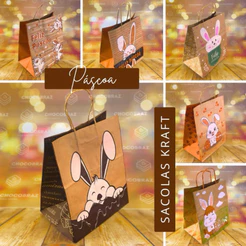 50 SACOLA DE PÁSCOA KRAFT VARAIS ESTAMPAS P/M/G/GG PÁSCOA 2025 (CHOCO)