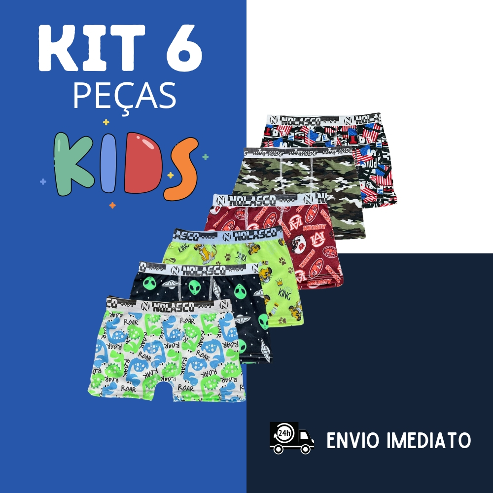 Cueca Box Boxer Infantil KIT 06 Cuecas Kids De Microfibra Menino lisa/estampada