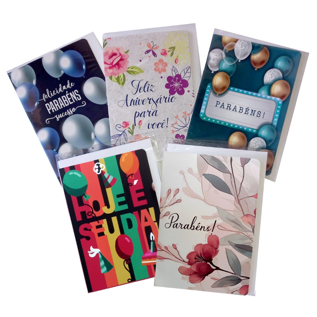 10 cartões de aniversário sortidos em 5 modelos com envelopes - 10,5 X 15 cm em Oferta na Shopee