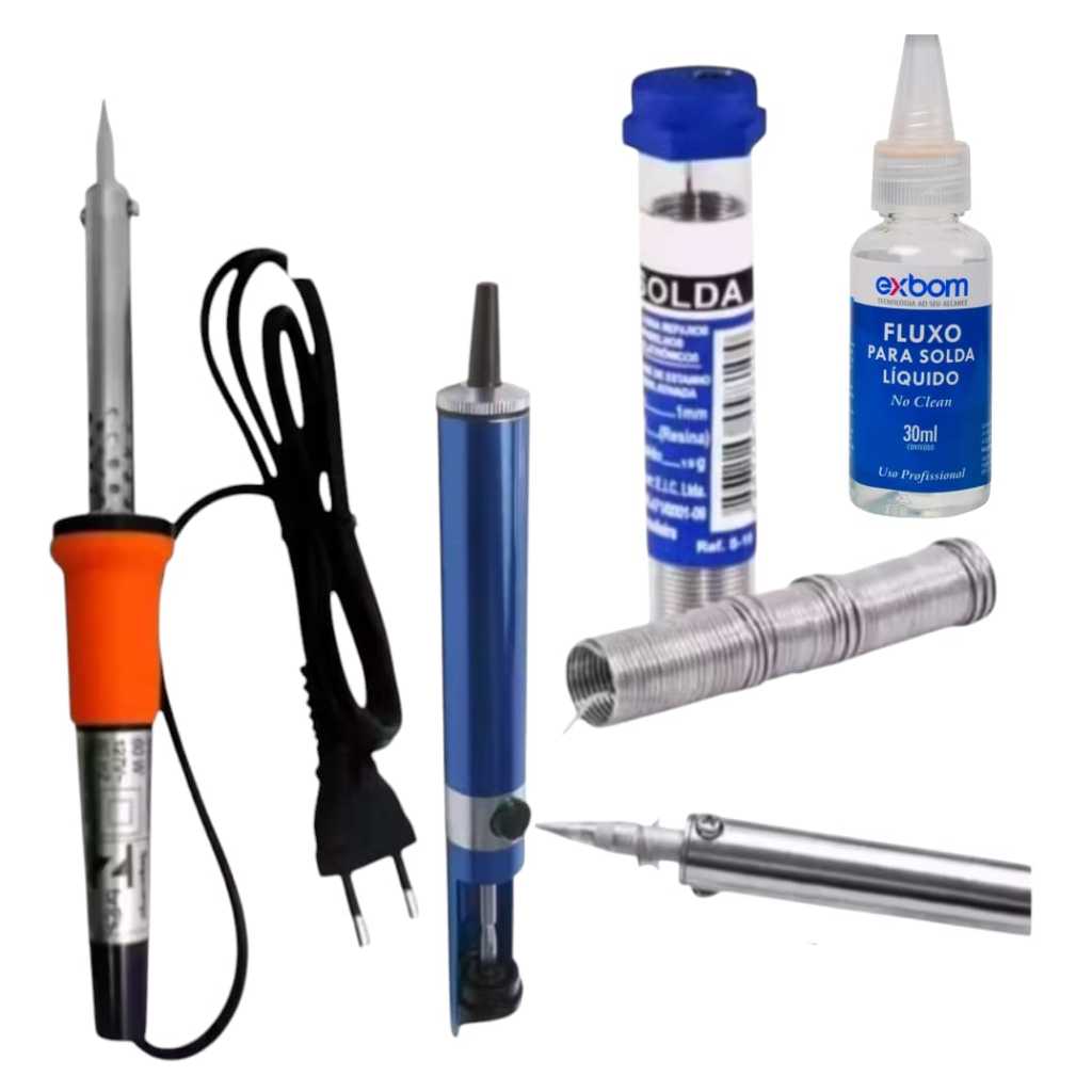 Kit Ferro De Solda Soldar Soldador + Estanho + Sugador Para Solda + Fluxo Para Solda Completo