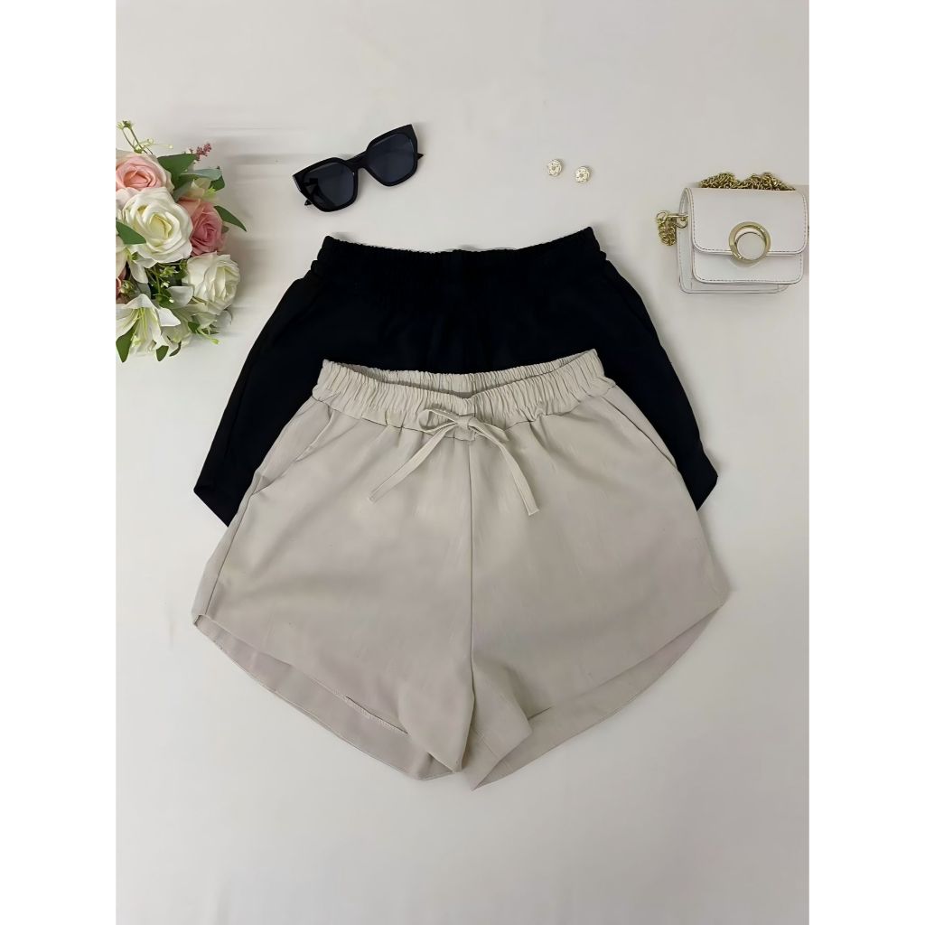 kIT2 Shorts Linho Feminino  Com Elástico Na Cintura E Com Bolso estilosa tendencia  dia  a dia em Oferta na Shopee