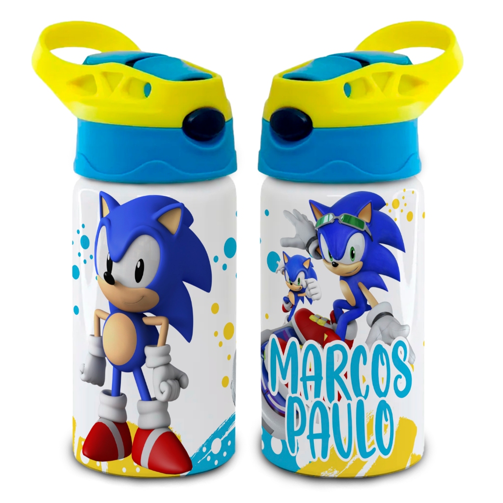 Garrafinha Squeeze infantil nome personalizada Personagens Sonic Super Mario Homem Aranha Minecraft