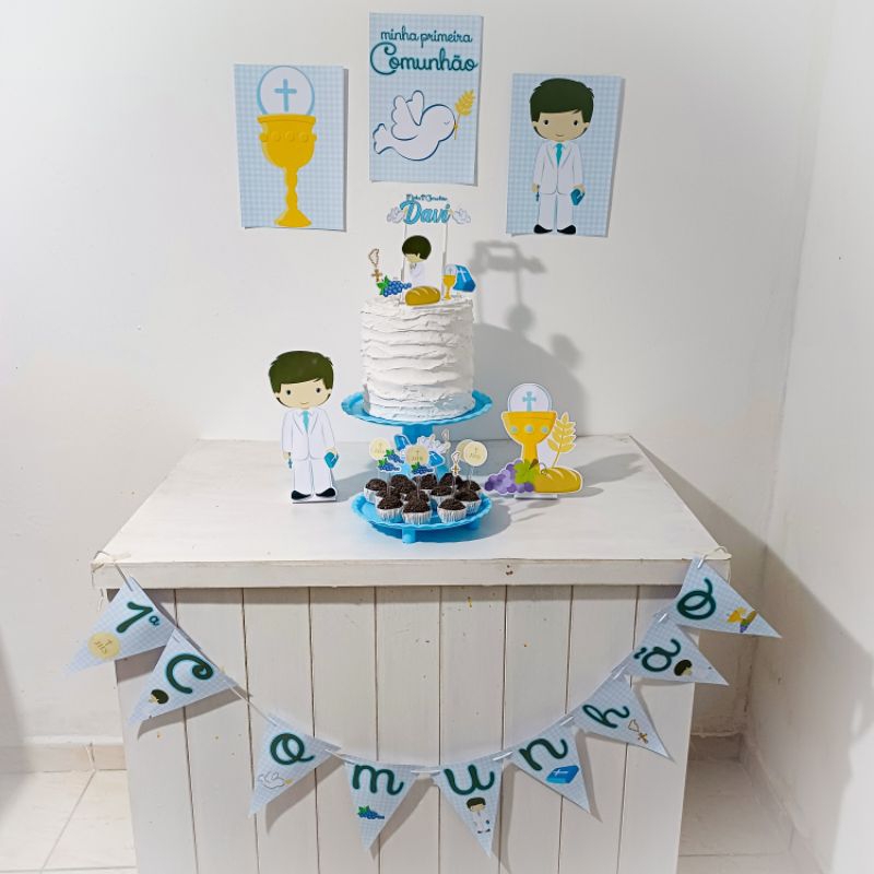 Kit Festa primeira comunhão menino Personalizado Só Um Bolinho Festa em Casa Aniversário Infantil adulto