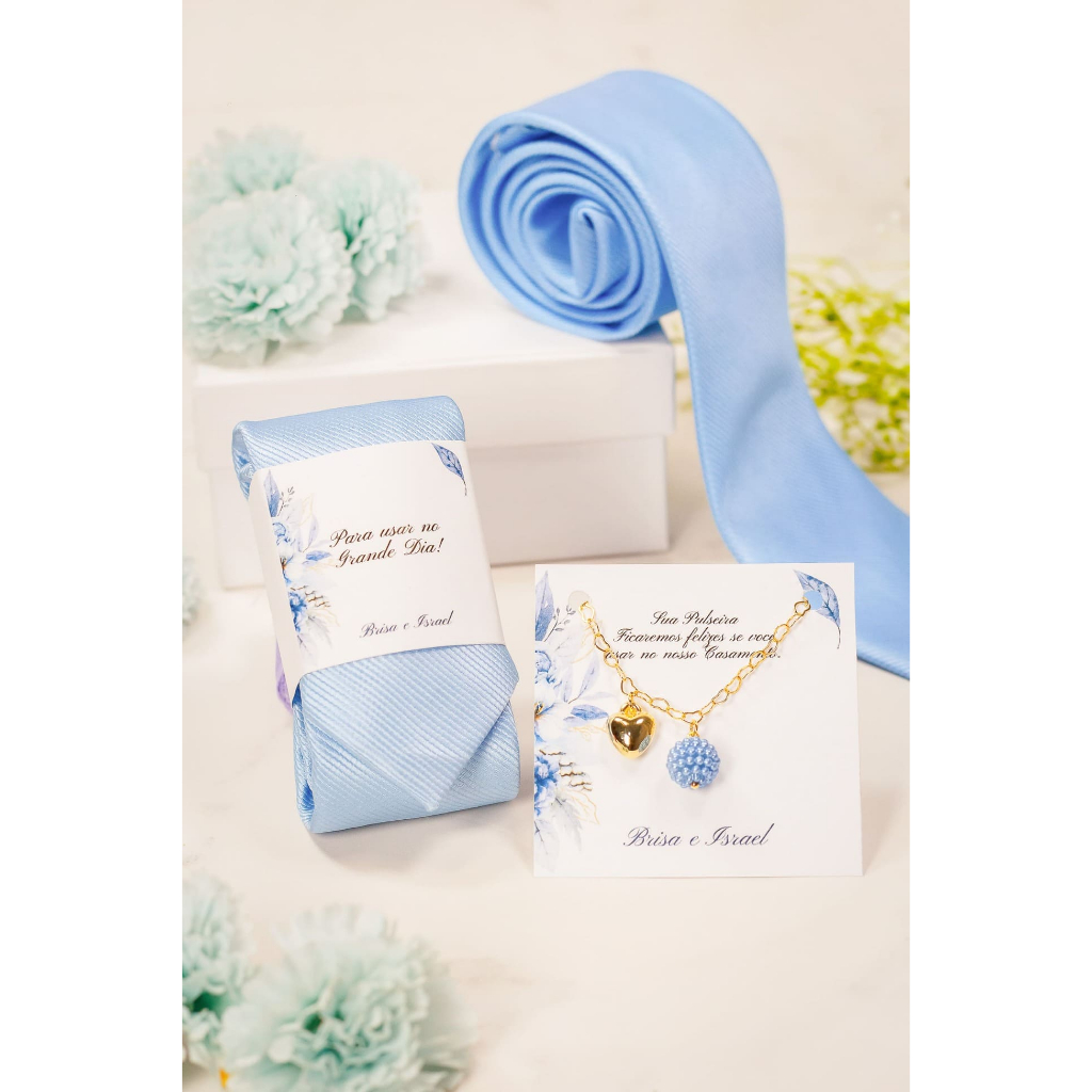 Gravata Azul serenity 1200 fios Jacquard e Pulseira Azul Serenity Padrinhos e madrinhas Casamento