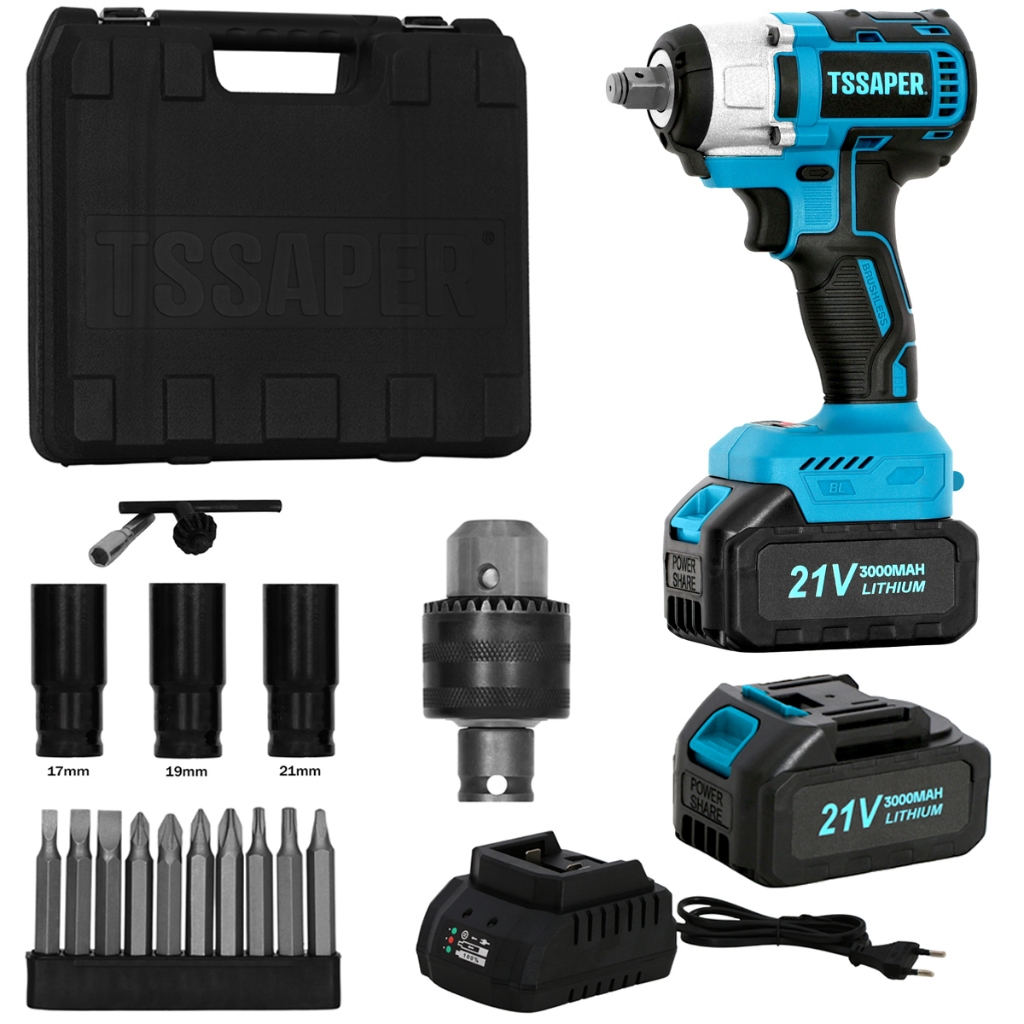 Chave de impacto 21v torque de 380nm com 2 baterias, maleta e 3 soquetes Brushle