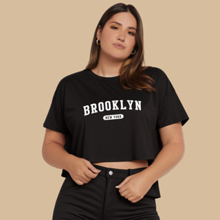 Cropped Plus Size Blusa Plus Size 100% Algodão T Shirt Feminina Brooklyn em Oferta na Shopee
