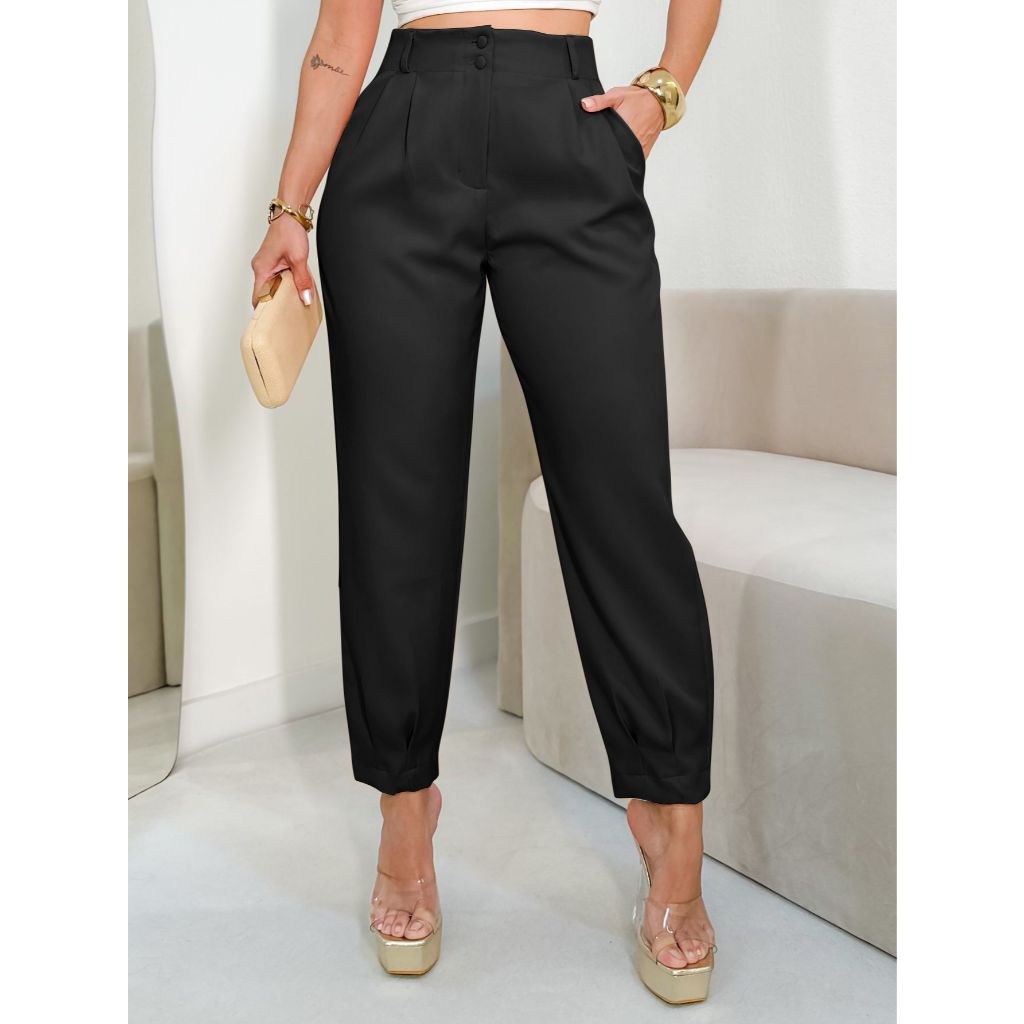 EMILI5- Calça Feminina Alfaiataria Com Pregas Na Barra e Botoes Duplos Forrados-S860 em Oferta na Shopee