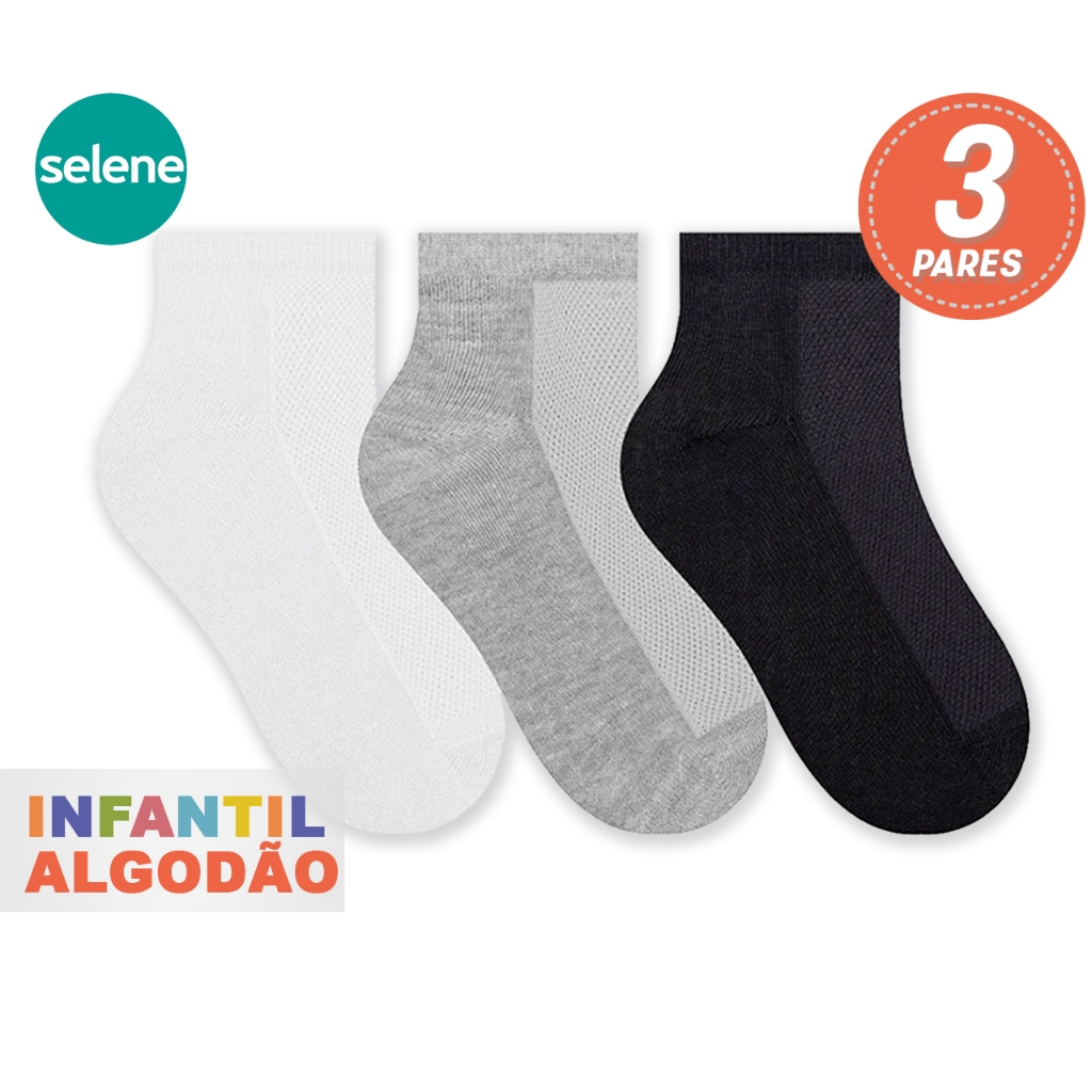 Kit 3 Meias Cano Curto Infantil Algodão Respirável 25 ao 28 29 a 34 Lisas Básica Conforto Unissex Menino Menina