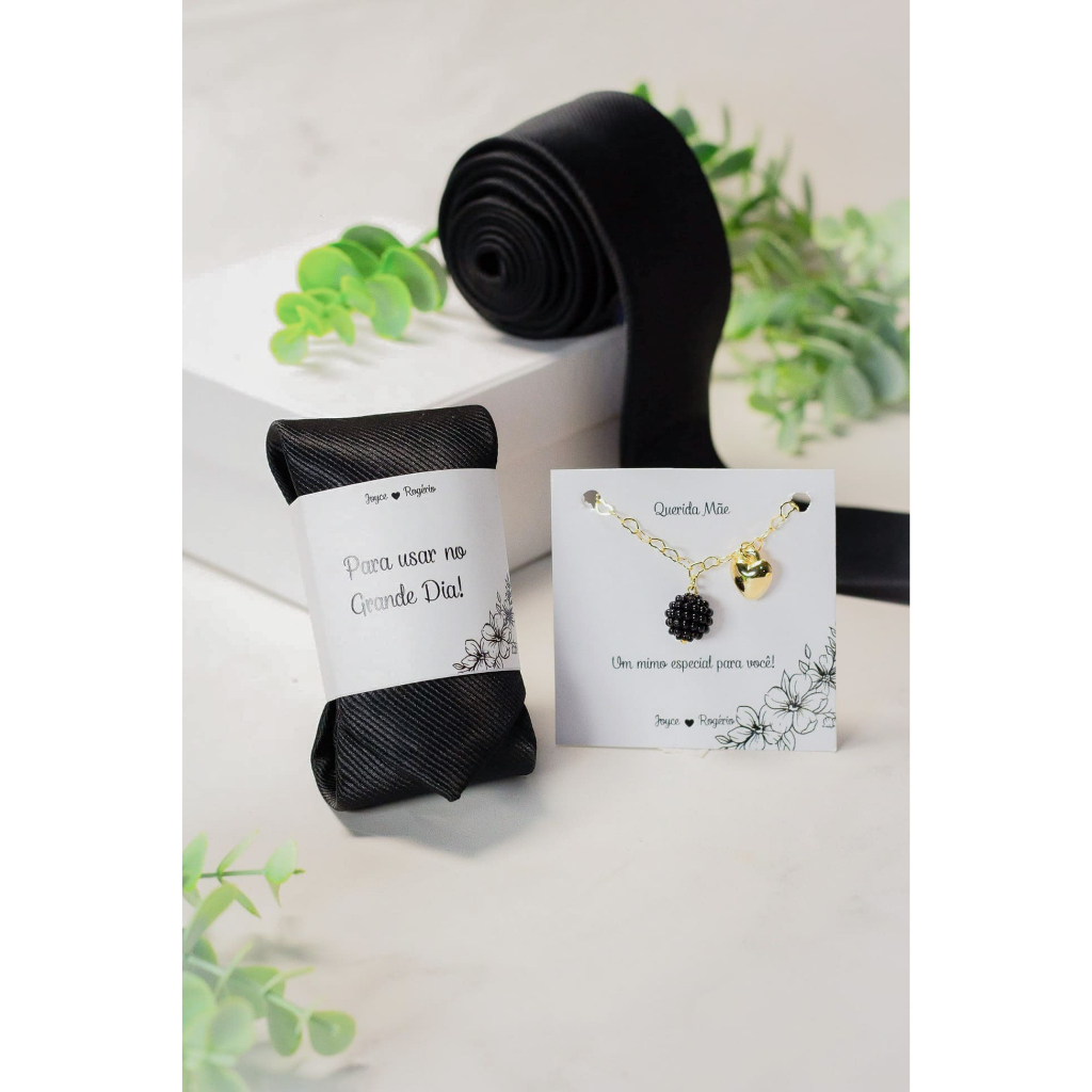 Gravata Preta 1200 fios Jacquard e Pulseira Preta para Padrinhos e madrinhas Casamento
