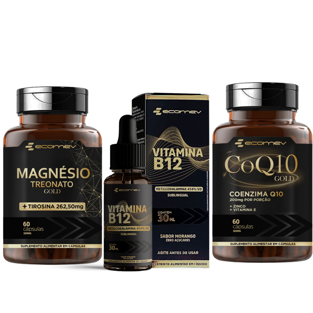 Kit Magnesio Treonato  + L Tirosina + Coenzima Q10 + B12 Metil Gotas Ecomev