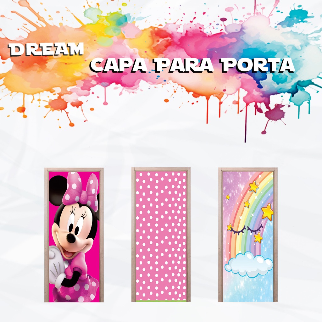 Capa Para Porta Tema Minnie Rosa Menina Arco Iris Bolinhas Decoração Infantil Tecido Sublimado