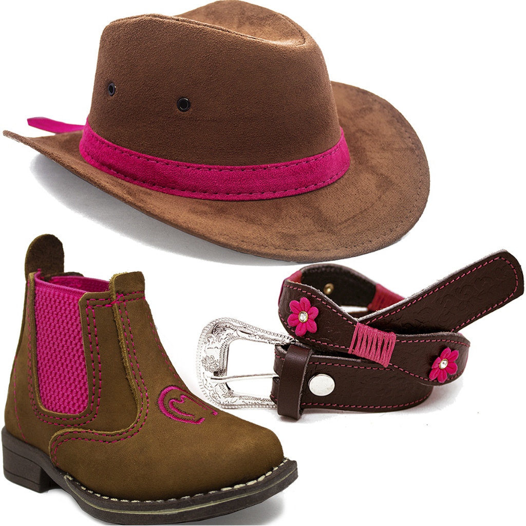 Kit Feminino Chapéu Camurça + Botina Rosa Mangalarga + Cinto Flor