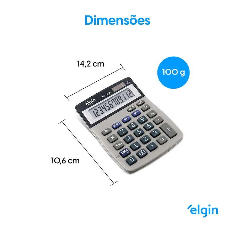 Calculadora de Mesa 12 Dígitos MV 4122 Cinza Elgin bateria/solar