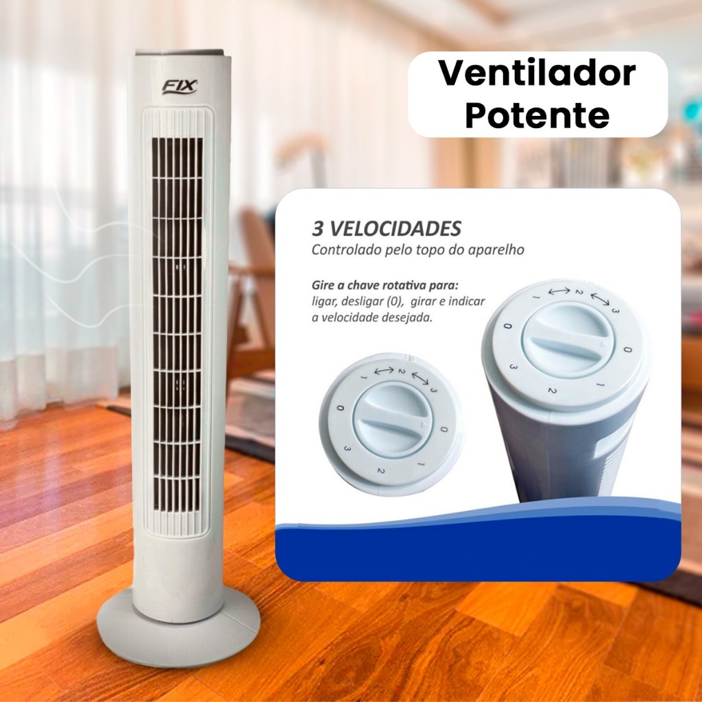 Ventilador em torre 220V Circulador de Ar em coluna com 3 velocidades potente e silencioso
