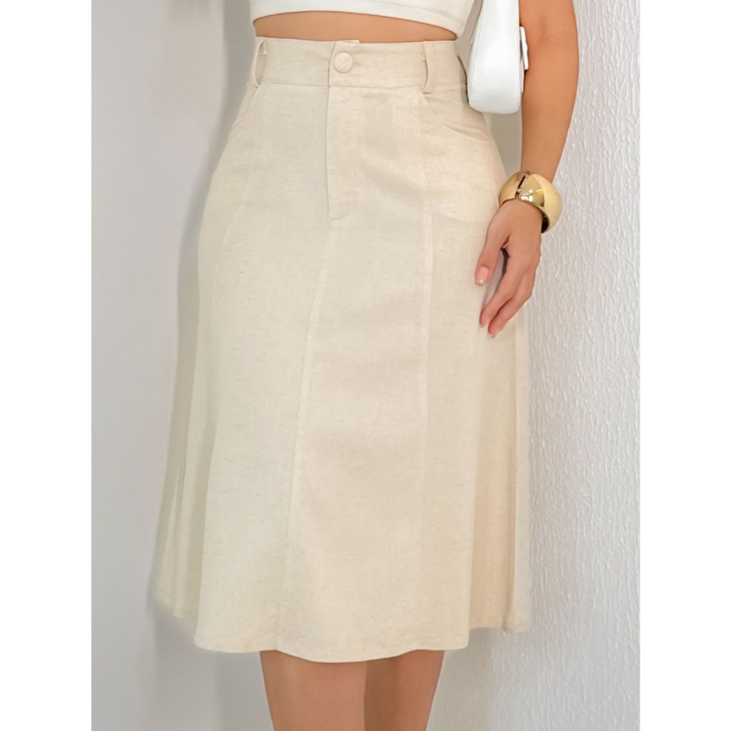 EMILI3 -Saia Midi De Viscolinho Feminina Gode Discreto Elegante 2025-s888 em Oferta na Shopee