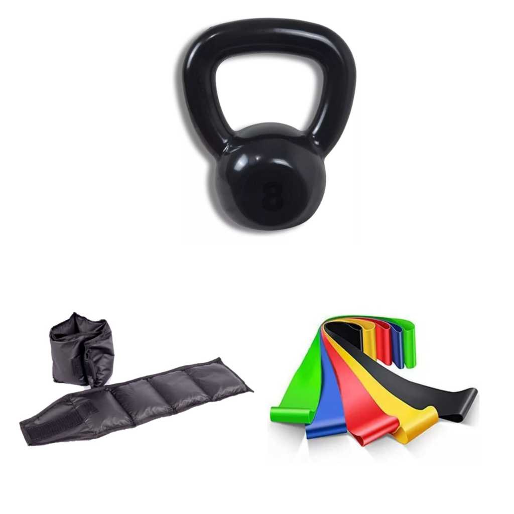 Kit Kettlebell 4kg + Caneleira 2kg + Theraband 5 Níveis p/ Ginástica