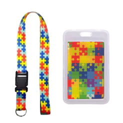 Kit Cordão + Porta Crachá Cartão Rigido Quebra Cabeça Autismo