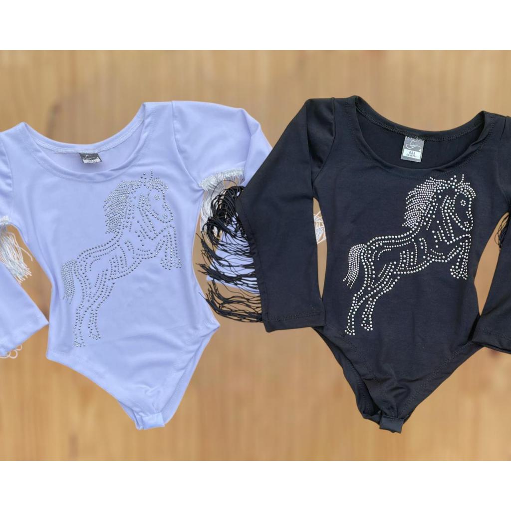 Body Infantil Manga Longa Franja Preto e Branco Pedraria Brilho Menina Country Cavalo Cowgirl Boiadeira em Oferta na Shopee
