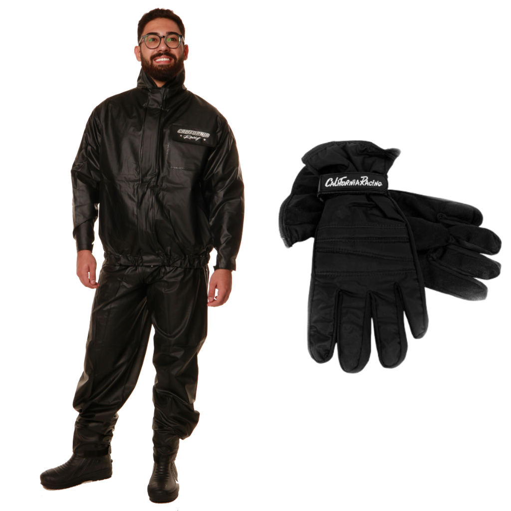 Kit Conjunto Chuva Luxo PVC + Luva Motoqueiro California Racing