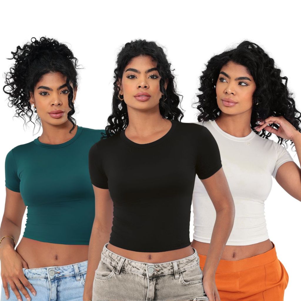 KIT 03 - Baby Tee Feminina - Blusa Slim Fit Manga Curta: Blusa de Compressão em Oferta na Shopee