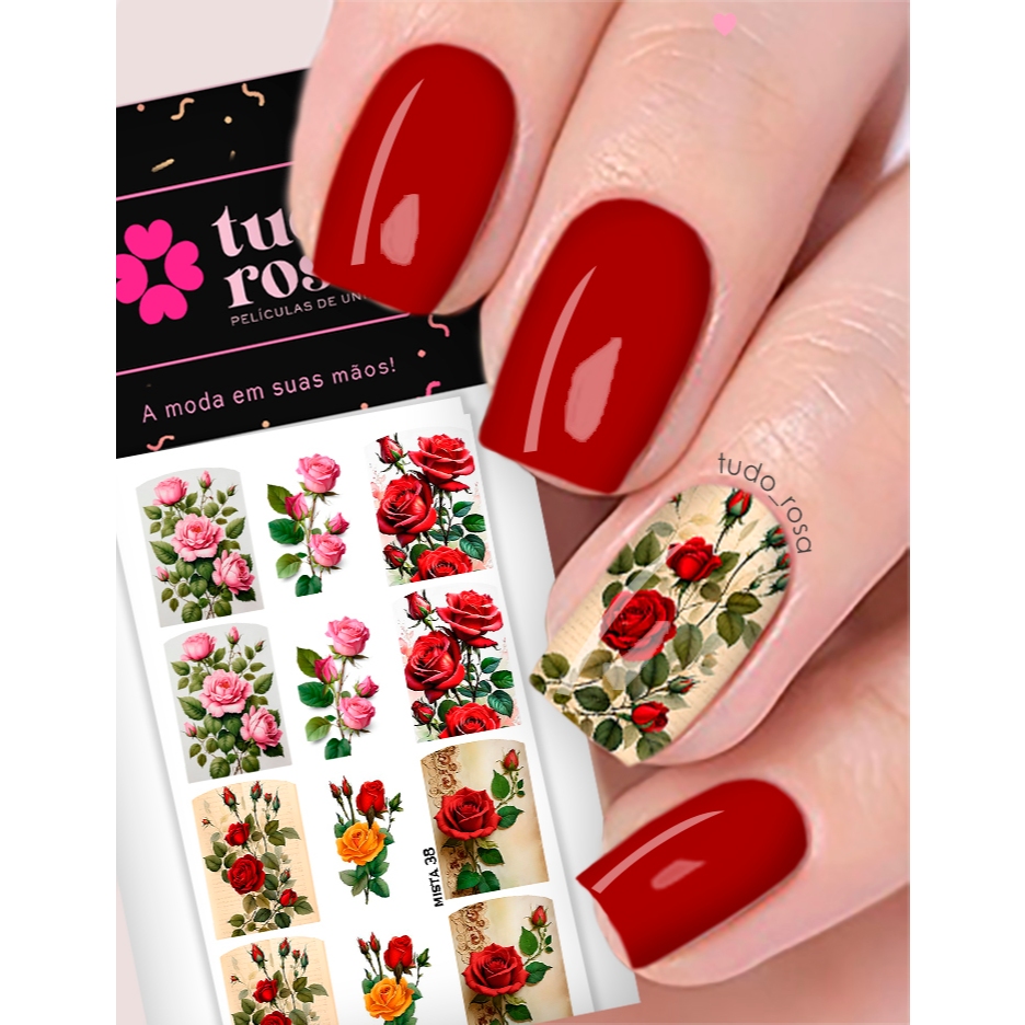 12 peliculas de unha MISTA 38 floral rosas vermelhas