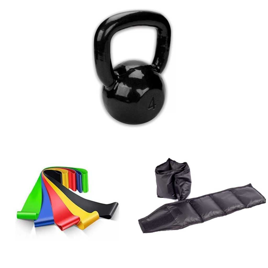 Kit Kettlebell 4kg + Caneleira 2kg + Theraband – Musculação e Ginástica