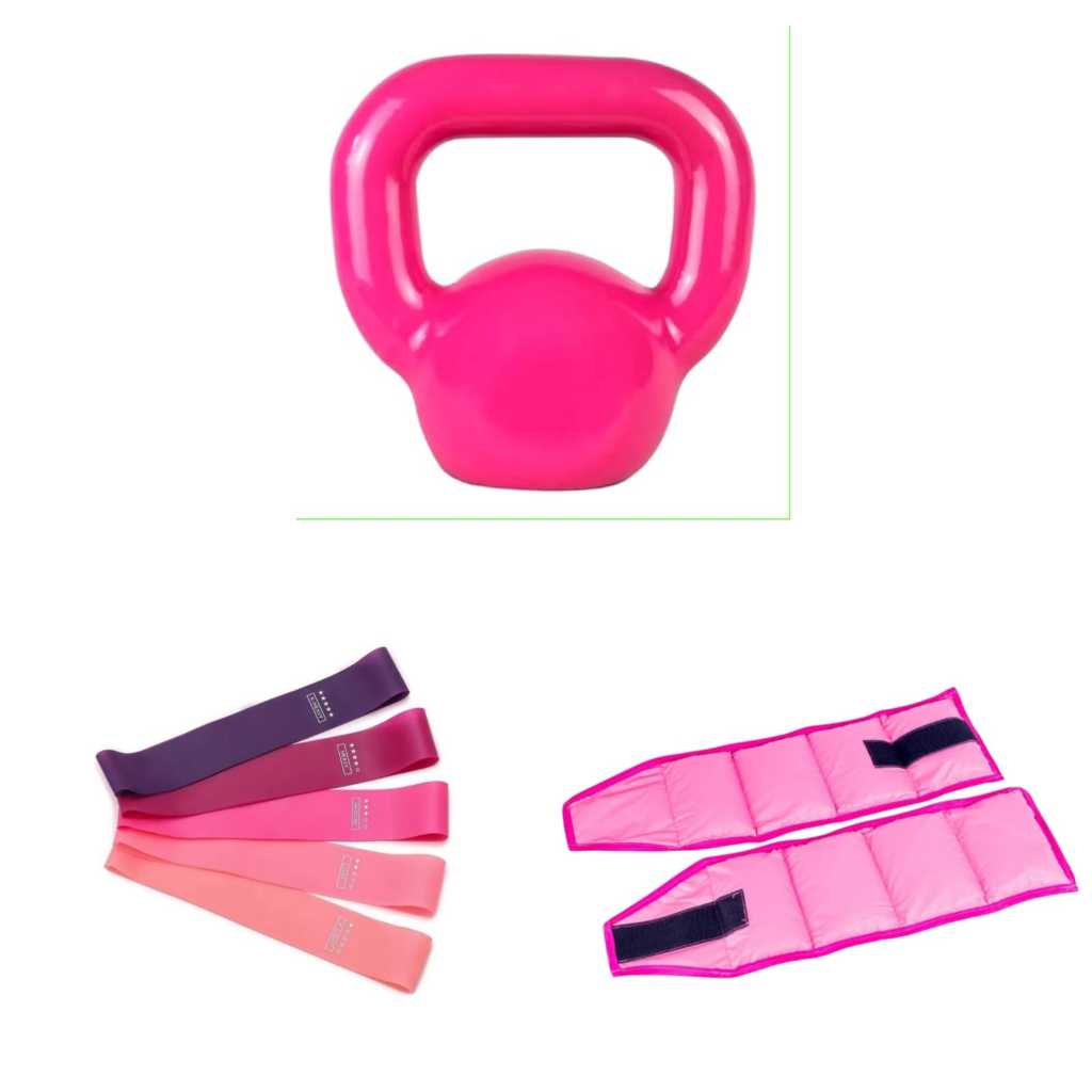 Musculação e Ginástica – Kit Kettlebell 4kg + Caneleira 2kg + Theraband