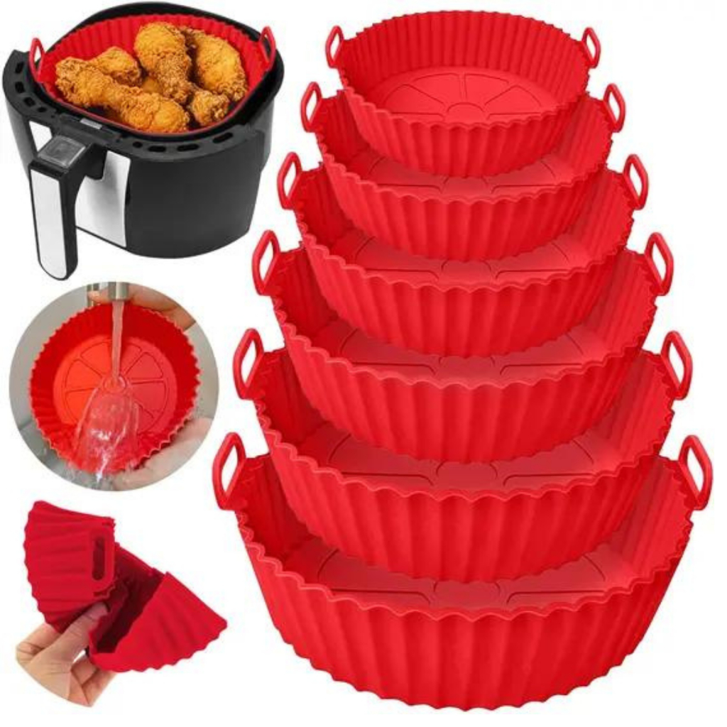 Kit Com 6 Formas Air Fryer Silicone Reutilizável Cesta Redonda  Para Air Fryer Fritadeira Elétrica Forno Universal