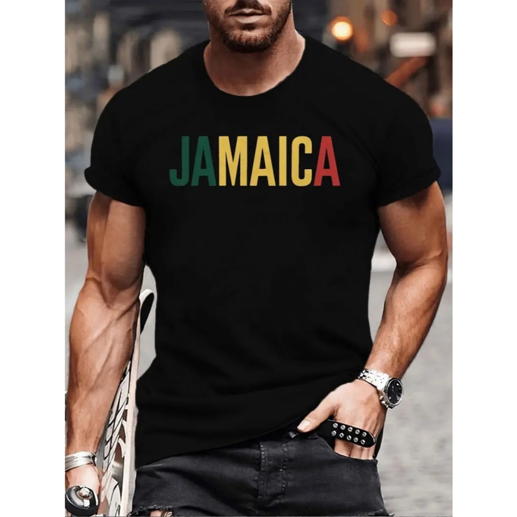 Camiseta Comum Masculina Basica Estampa Jamaica Escrito