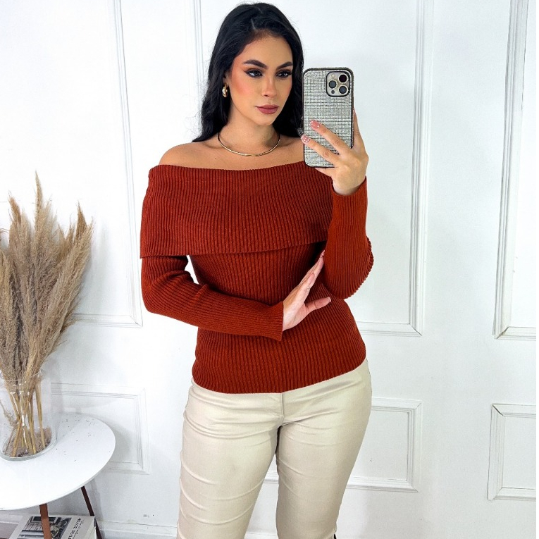 Blusa Tricot Canelada Ombro a Ombro feminino No Modal Premium Outono Inverno em Oferta na Shopee
