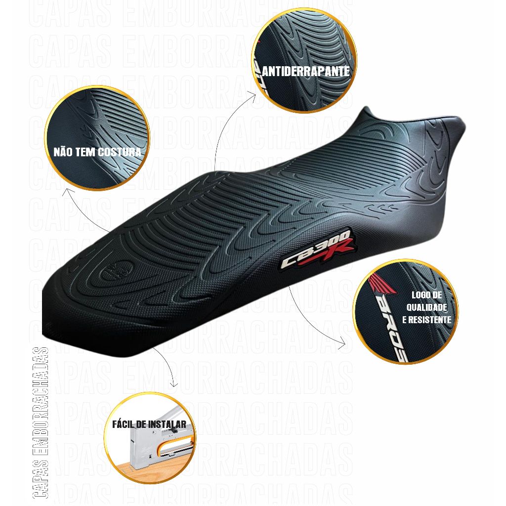 Capa Banco de Moto Couro Sintético Emborrachada 3D Preta Universal CB300 em Oferta na Shopee