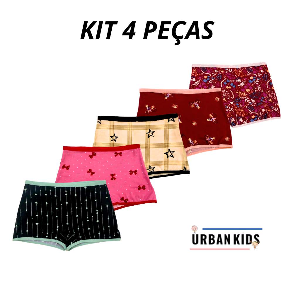 Kit 4 Calcinhas Cueca Boxer Adulto Shortinho Estampada Feminina Básica Conforto Urban Kids