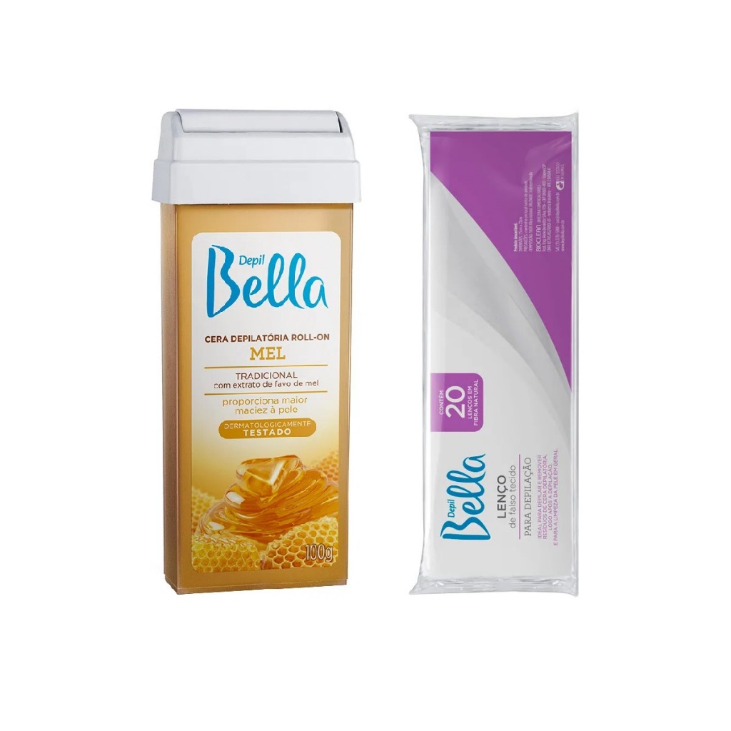 Depil Bella Kit Cera Quente Roll-On Mel 100g + Lenço Depilatório 20unid Depil Bella Kit Cera Quente Roll-On Mel 100g + Lenço Depilatório 20unid