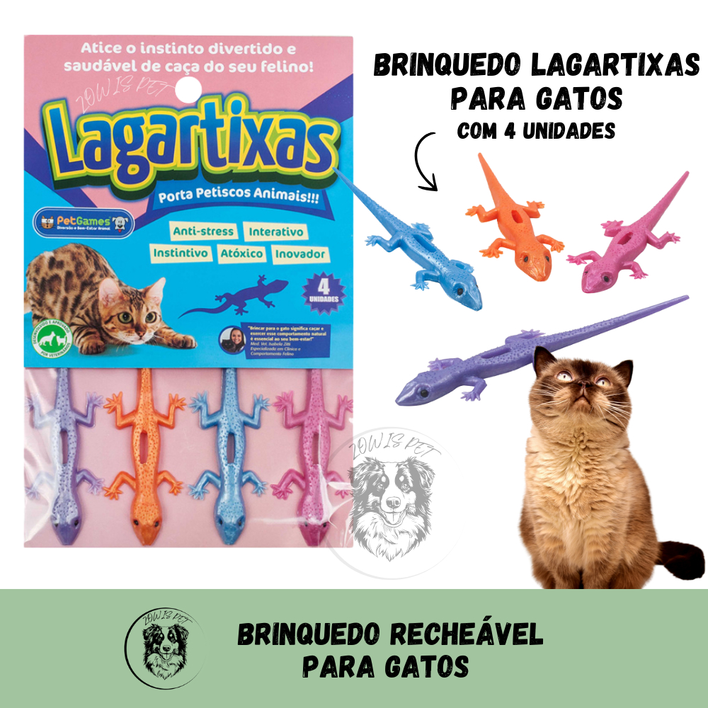 Brinquedo Interativo Gatos 4 Unidade Lagartixas Funcional - Pet Games Porta Petisco Costas Recheável