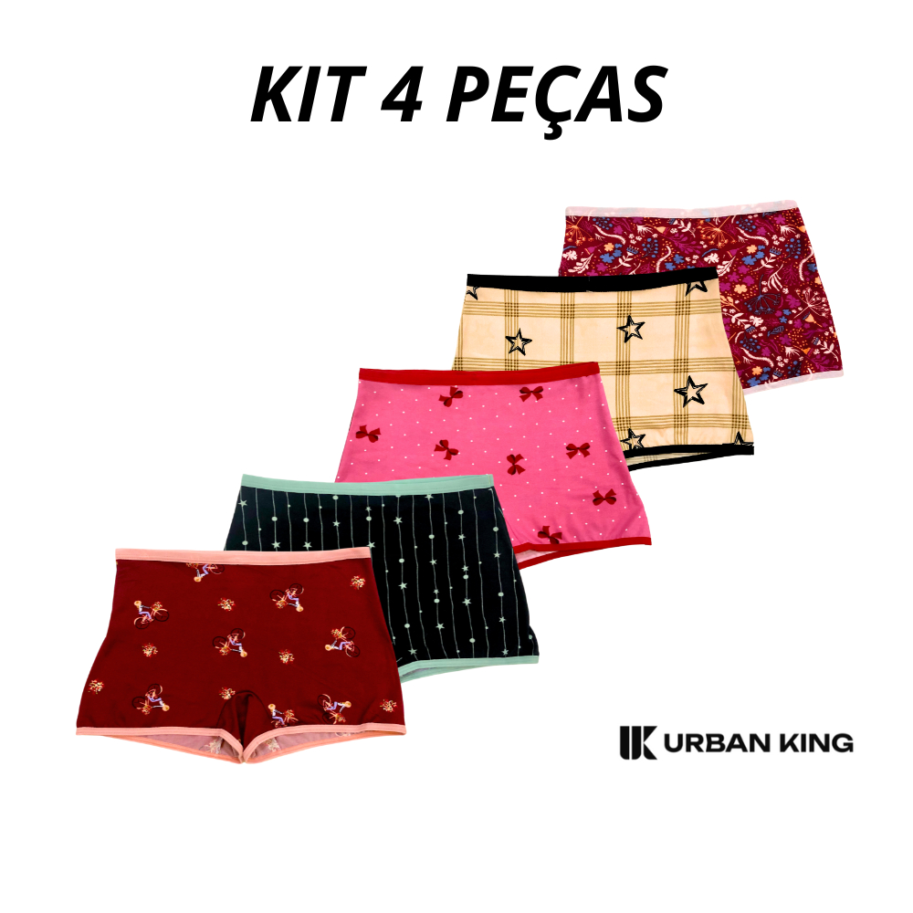 Kit 4 Calcinhas Cueca Boxer Adulto Shortinho Feminina Estampada Conforto Básica Urban King