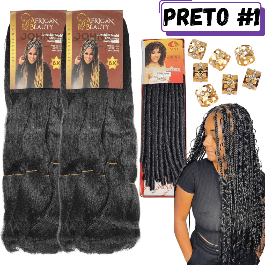 Kit Gypsy 2 Cabelos Jumbo Jumbão African Beauty 400 Gramas + 1 Cacho Nina Softex Crochet Braids + Anéis