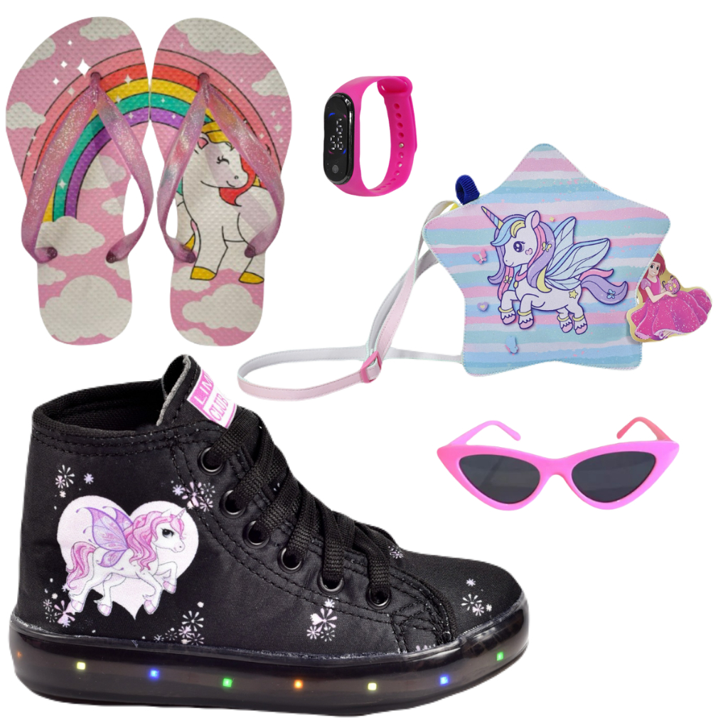 Tênis Feminino Infantil Led Unicórnio Cano Alto Botinha + Óculos Relógio Chinelo Bolsa Unic