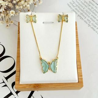 Conjunto Colar e Brinco Borboleta Pedra Azul Banhado a Ouro 18k em Oferta na Shopee