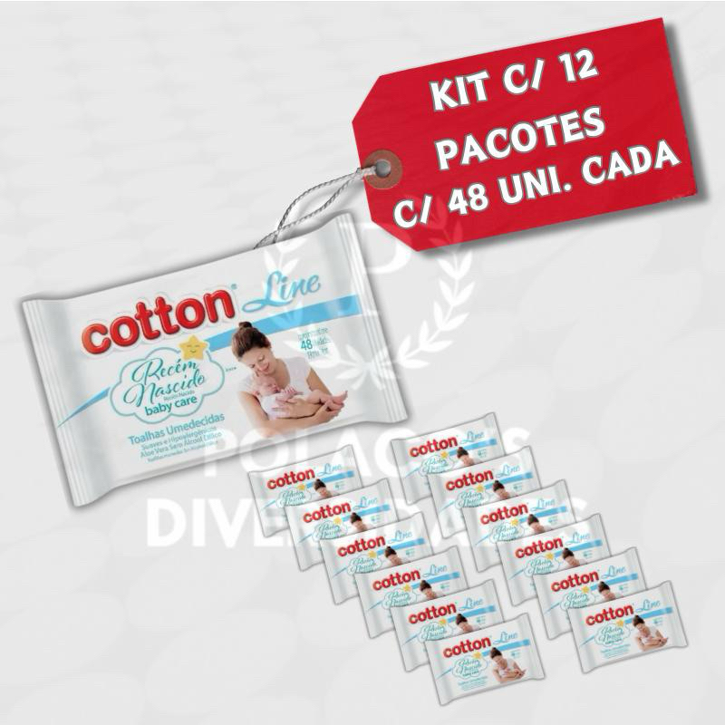 Kit 12 x Toalha Umedecida Recém Nascido Cotton Line 48 Lenços cada