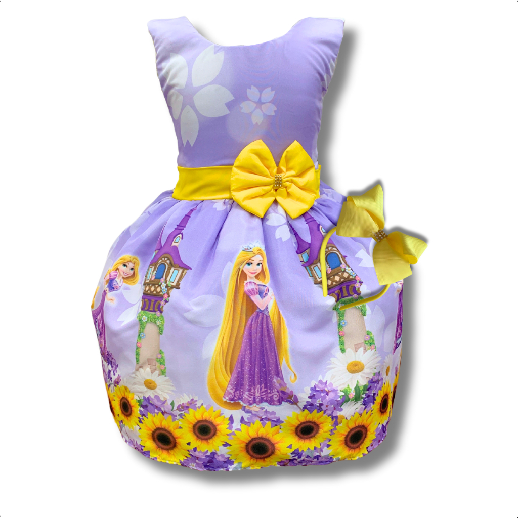 Vestido Infantil Temático Rapunzel Enrolados com Armação de Tule e Laço Ajustável