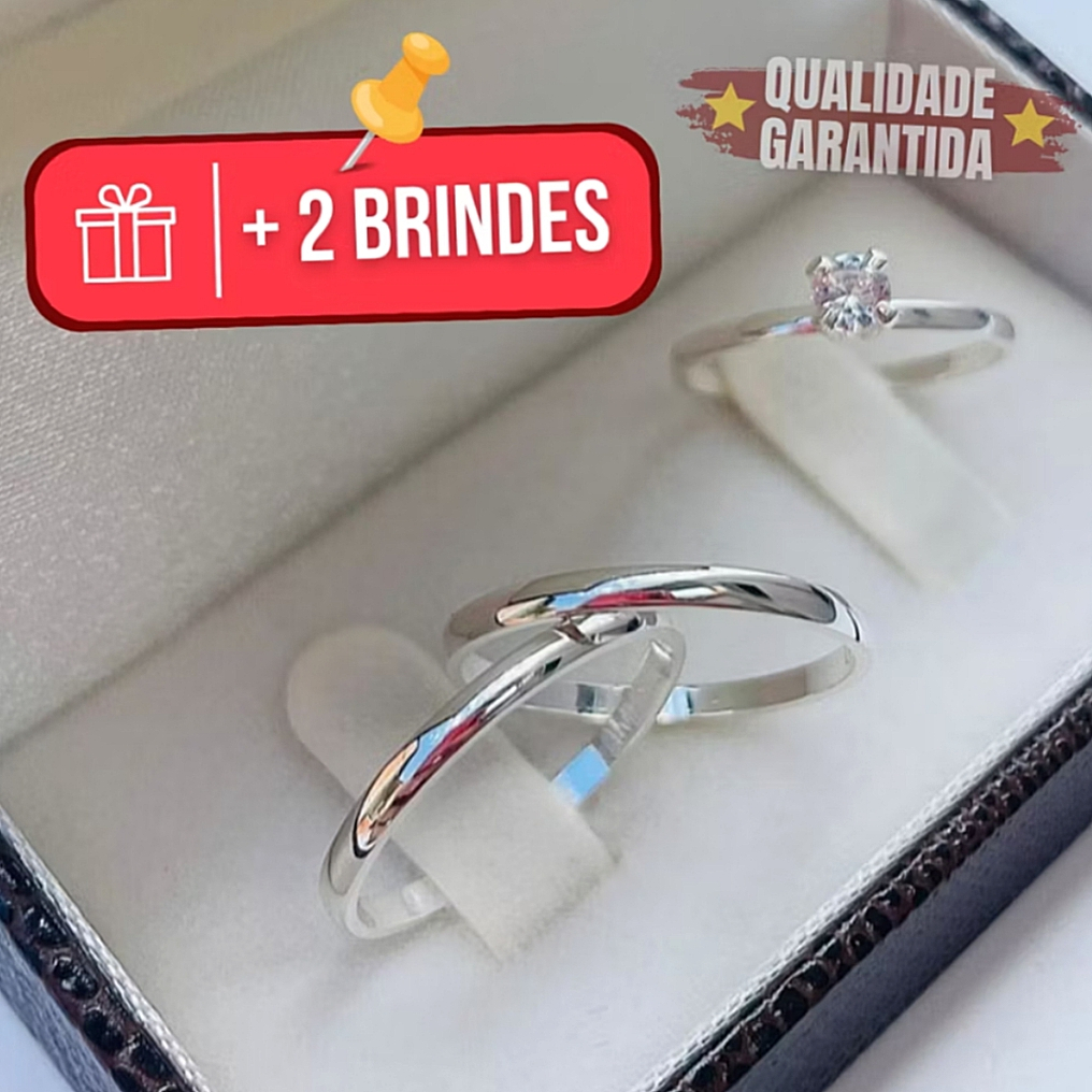 Par de Alianças de Namoro Fina + Anel Solitário Prata Aço Inox 2 mm + Caixa de Veludo Prata 950 Prata 925 Lisa Anatômica em Oferta na Shopee