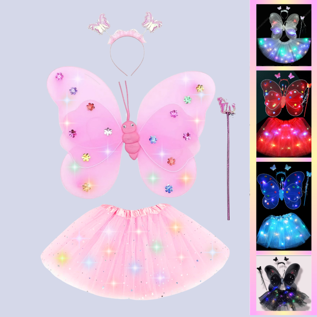 Fantasia com led Borboleta Fada Anjo asa saia tule tiara varinha Infantil Adulto brilho carnaval menina feminina cetin