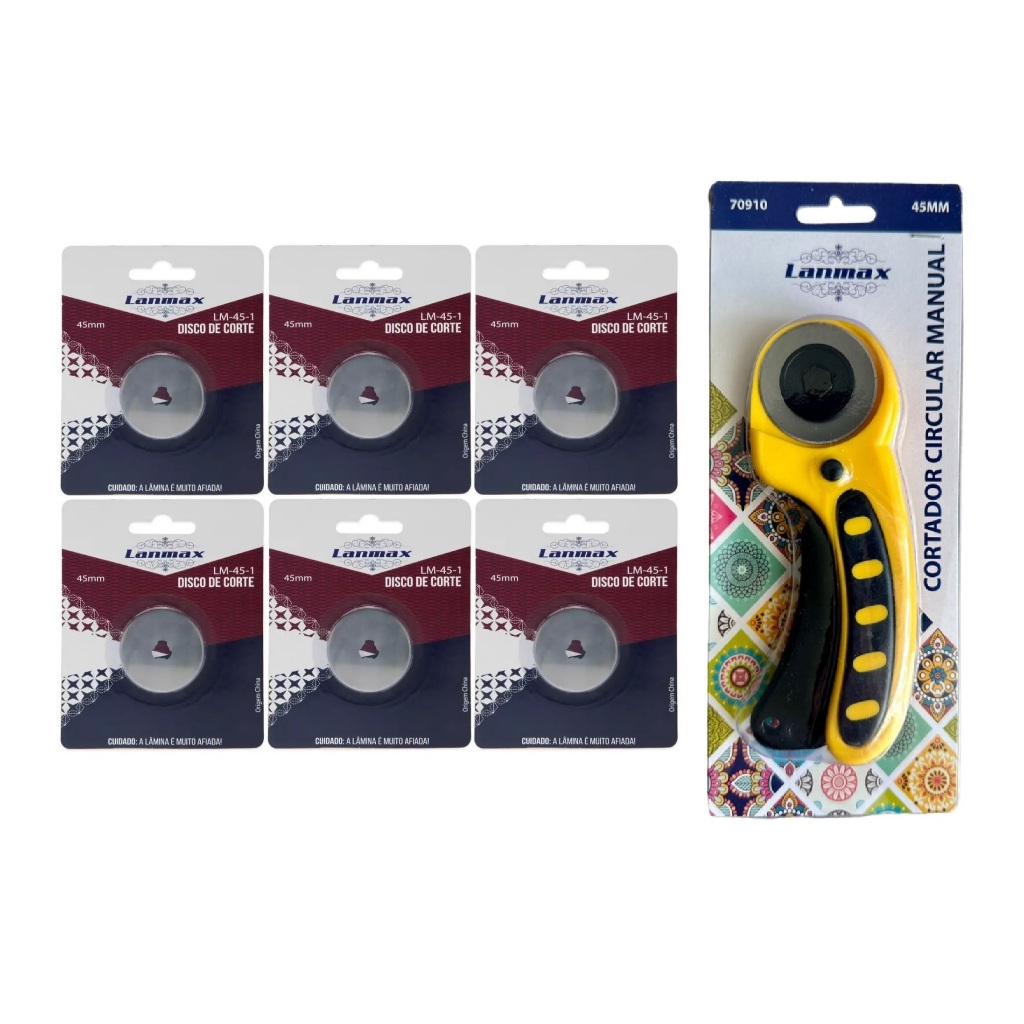 Kit Cortador Circular 45mm Lanmax + 6 Laminas Extra Tecido Papel Tecido Lanmax Anatômico Confortável