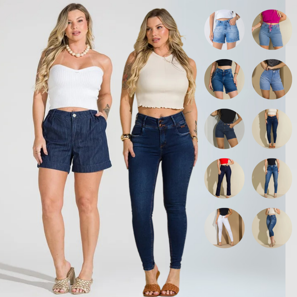 Kit 10 Peças 5 Calças + 5 Shorts Femininos Combo Promocional Todos Com Lycra Elastano Jeans