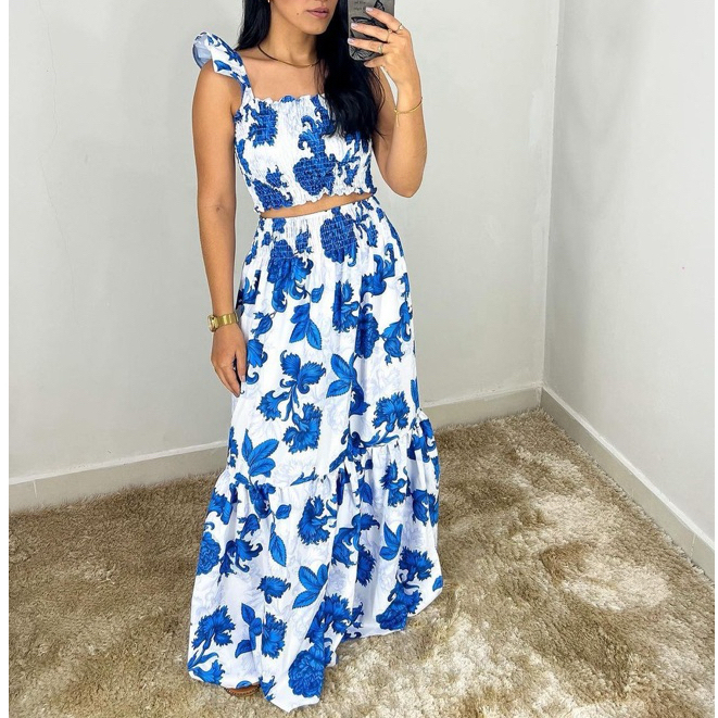 conjunto saia longa croped lastex conjunto floral em Oferta na Shopee