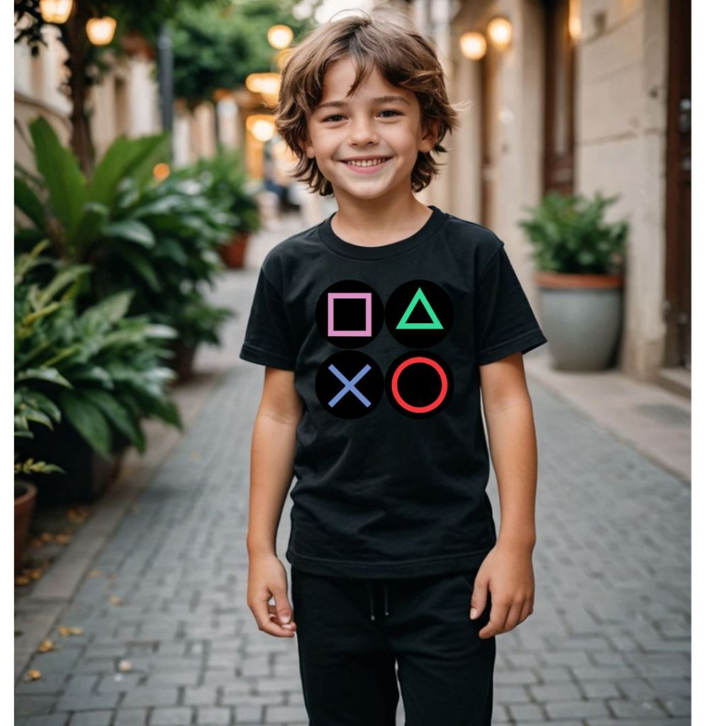 Camiseta Unissex Playstation Controle Símbolos Gamer Infantil Adulto Plus Size