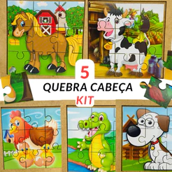Kit 5 Quebra Cabeça Mdf 9 Peças Jogo pedagógico Fazenda Animais