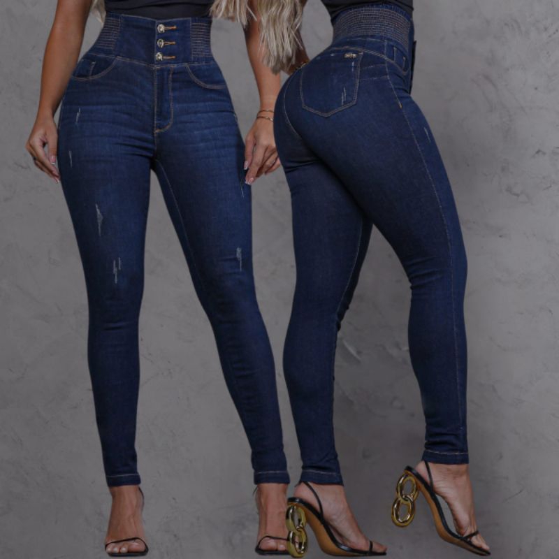 Calça jeans feminina modeladora cós cintura alta com LAYCRA Jeans PREMIUM Luxo empina bumbum em Oferta na Shopee